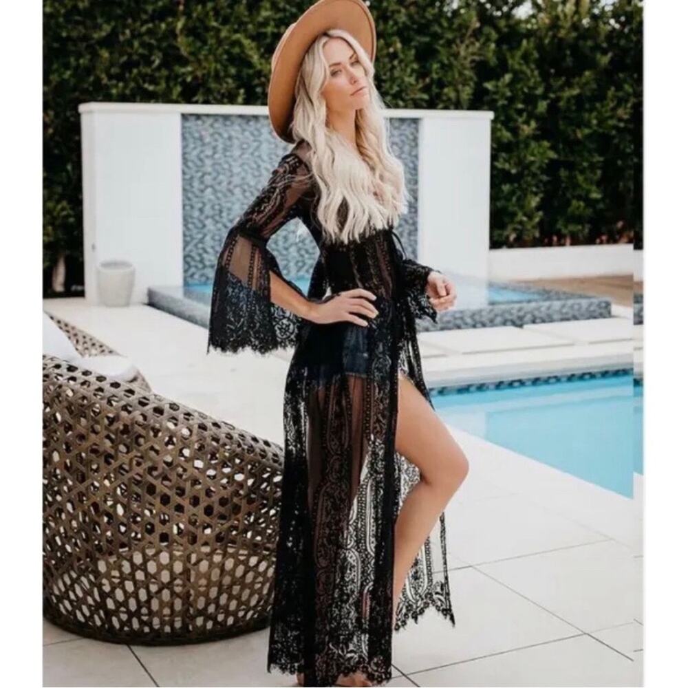 Raj Sheer Lace Embroidered Kimono Duster Long Sleeve Boho Maxi Cardigan Black